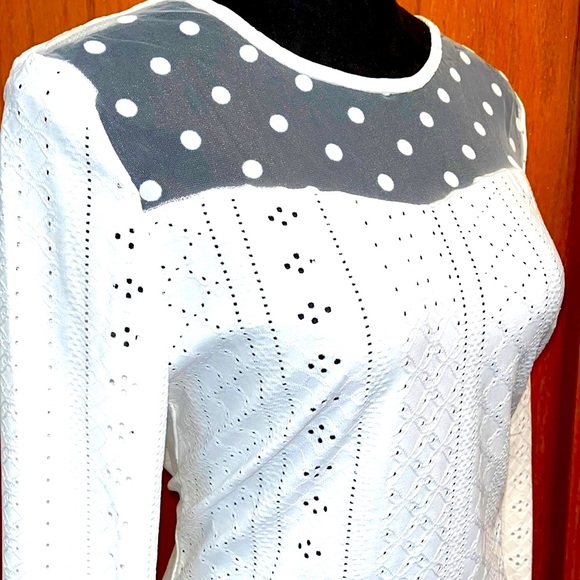 White Eyelet Embroidered Polkadot Mesh Top - Picture 6 of 8